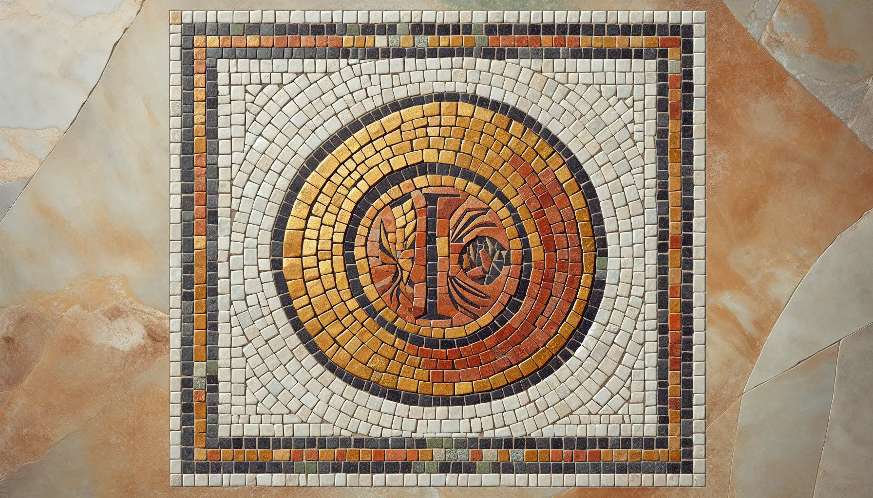 Abstrahierte römische Goldmünze als flaches Bodenmosaik in Rotbraun und Gold auf hellem steinigen Hintergrund mit Patina