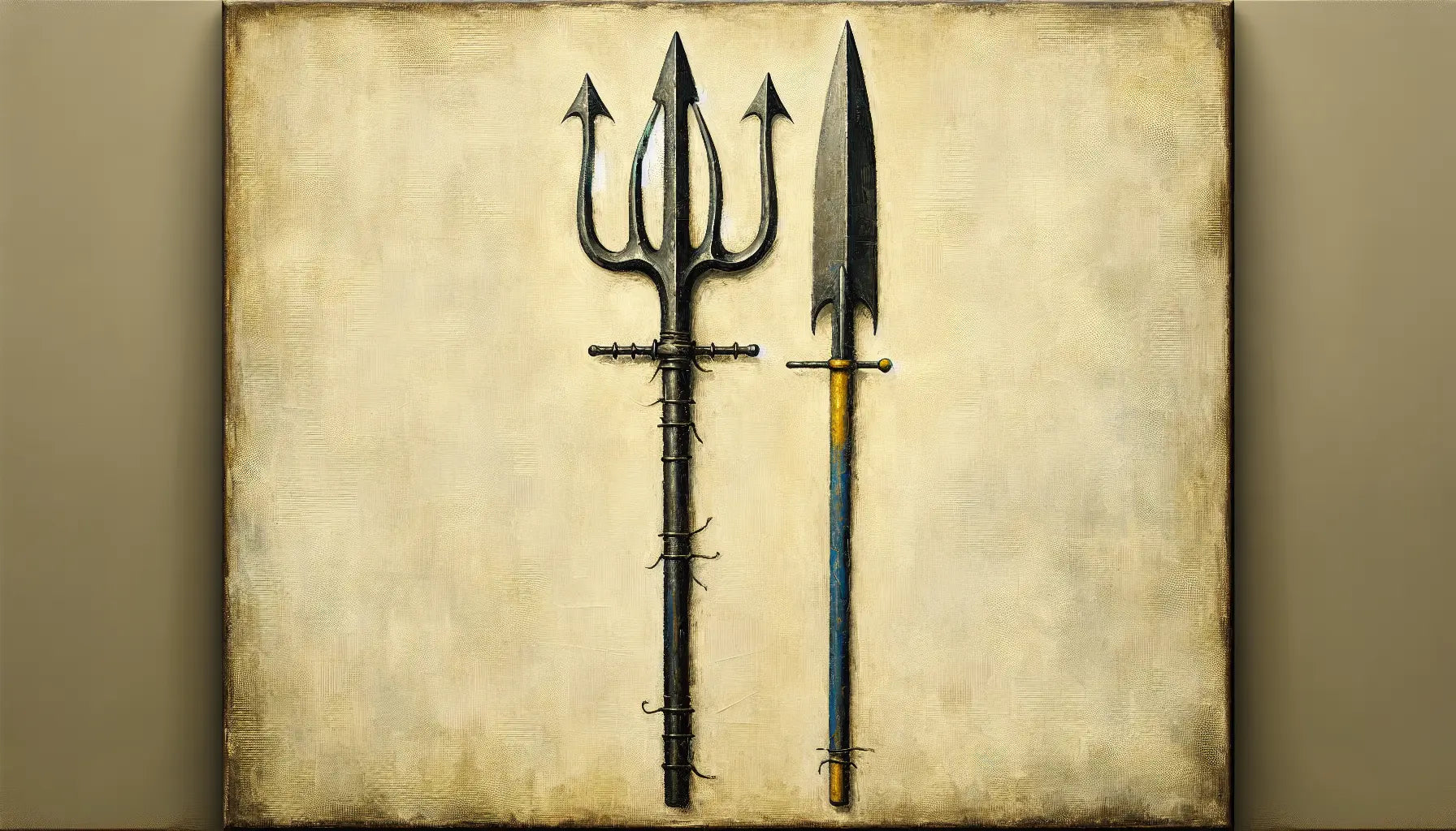 Zwei antike Waffen Dreizack und Speer grob gemalt auf warmem Leinenhintergrund