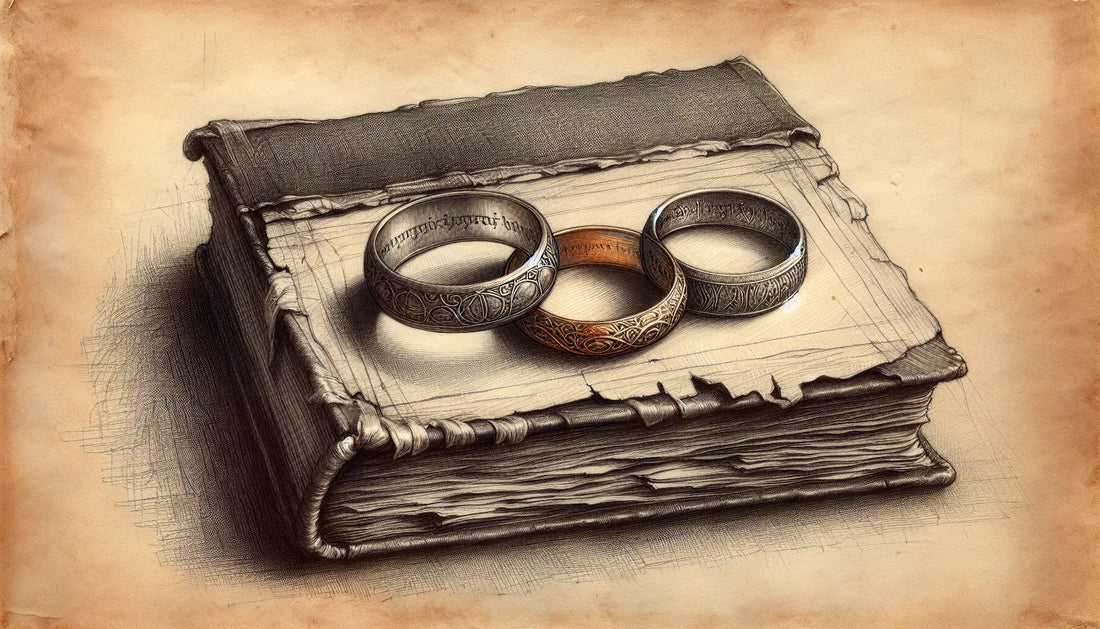 Drei antike Ringe mit feinen Linien und Goldakzent auf altem Buch skizziert im da Vinci Stil