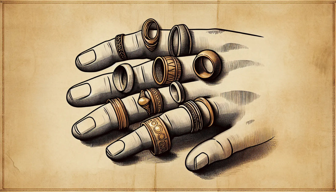 Antike Ringe auf skizzenhaften Fingern in Bleistiftstil mit goldenen Details auf altem Pergament