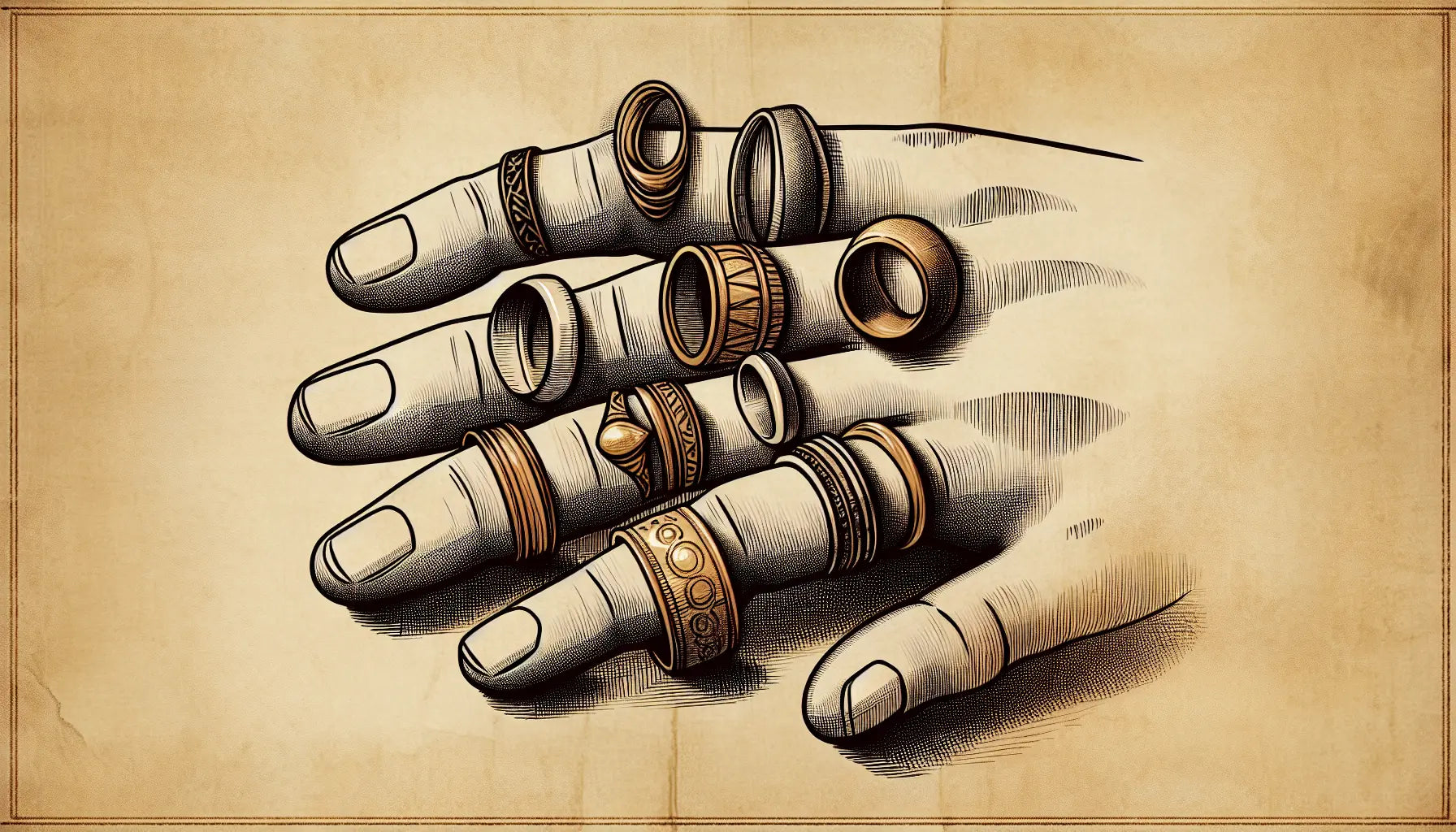 Antike Ringe auf skizzenhaften Fingern in Bleistiftstil mit goldenen Details auf altem Pergament