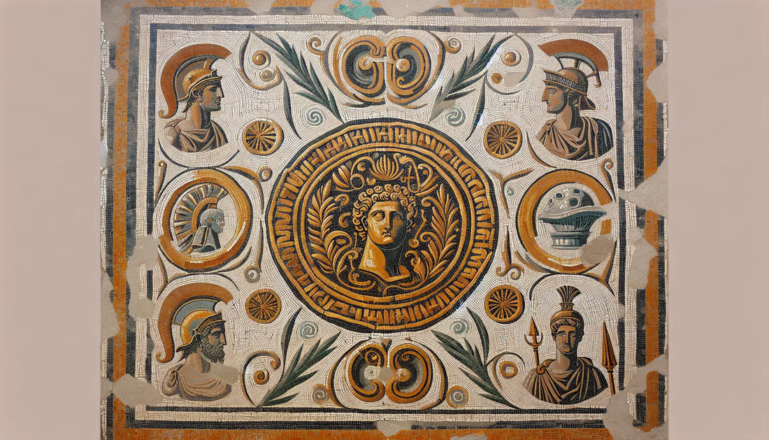 Antike römische Aureus Münze mit Schriftrollen Helm und Kaiserbüste als Mosaik aus Rotbraun Ocker Blau und Gold auf hellem Stein