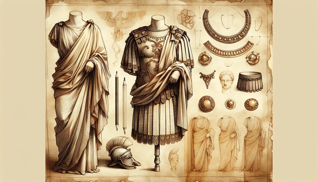 Schmuck und antike römische Kleidung Toga und Stola skizziert auf Pergament