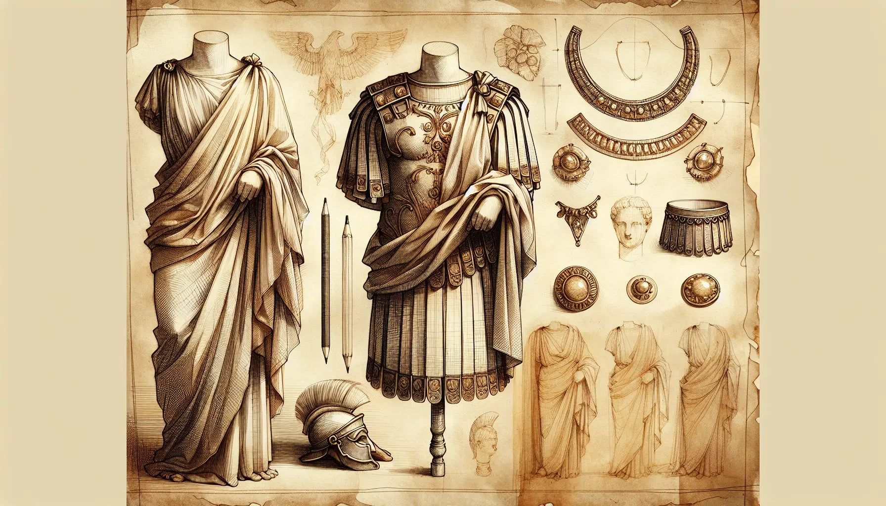 Schmuck und antike römische Kleidung Toga und Stola skizziert auf Pergament