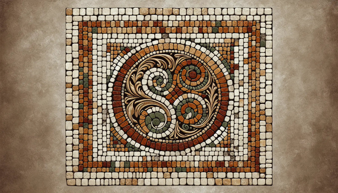 Nahaufnahme einer antiken römischen Münze als Bodenmosaik mit rotbraunen goldenen und grünlichen Segmenten auf hellem steinigen Grund