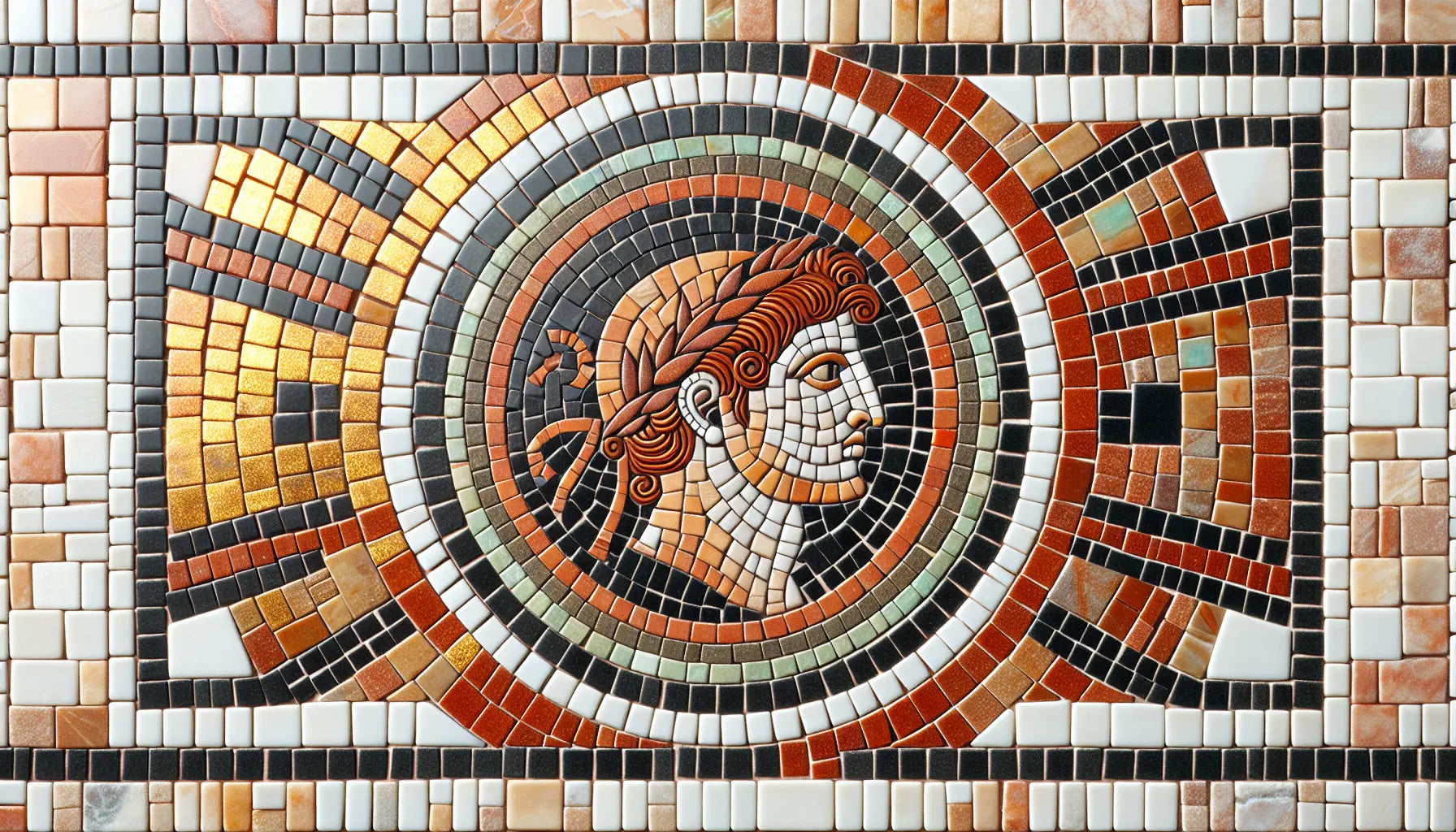 Römische Münze mit dem Kaiser Hadrian als Mosaik in rotbraun und gold auf hellem Stein mit patina grün