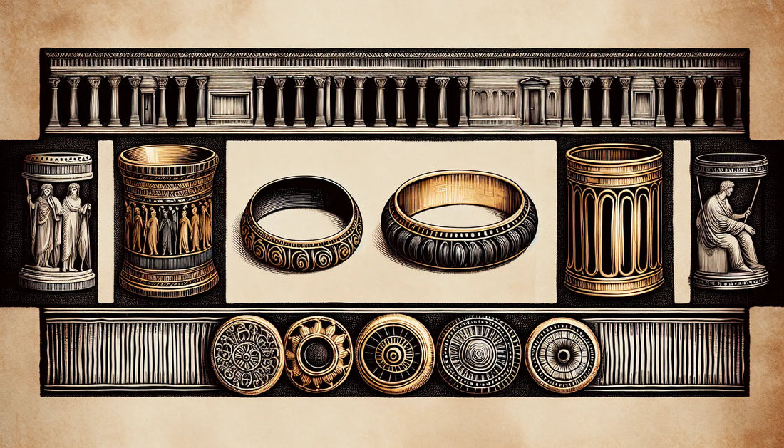 Drei antike römische Ringe aus Gold und Bronze mit Intagliogravuren als zeichnerische Skizze auf pergamentartigem Hintergrund