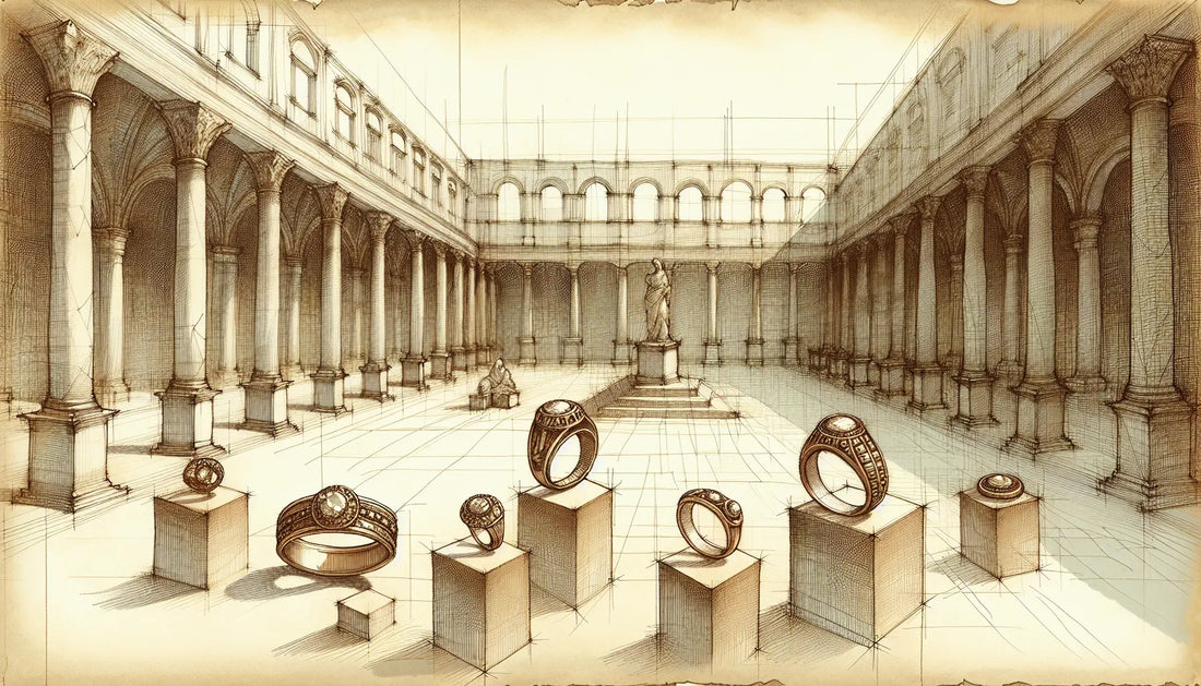 Skizze antiker römischer Ringe mit goldenen fassungen auf pergamentweißem hintergrund