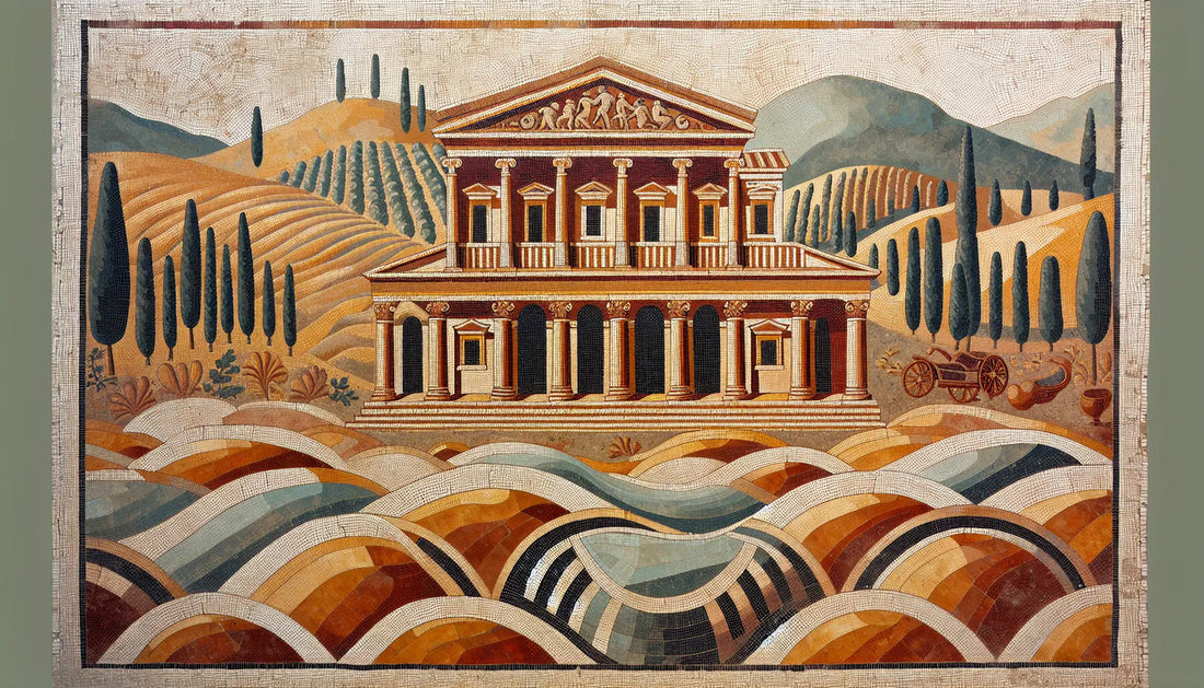 Römische Villa in Gallien als Mosaik mit Hügeln und Weinbergen aus rotbraunen und goldenen Segmenten