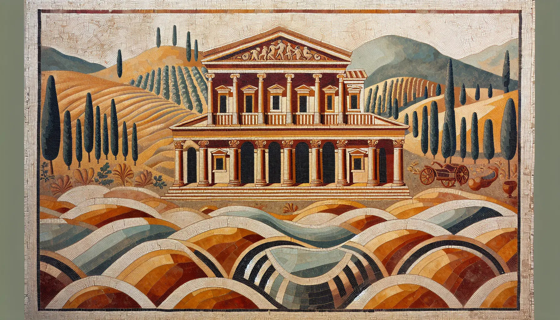 Römische Villa in Gallien als Mosaik mit Hügeln und Weinbergen aus rotbraunen und goldenen Segmenten