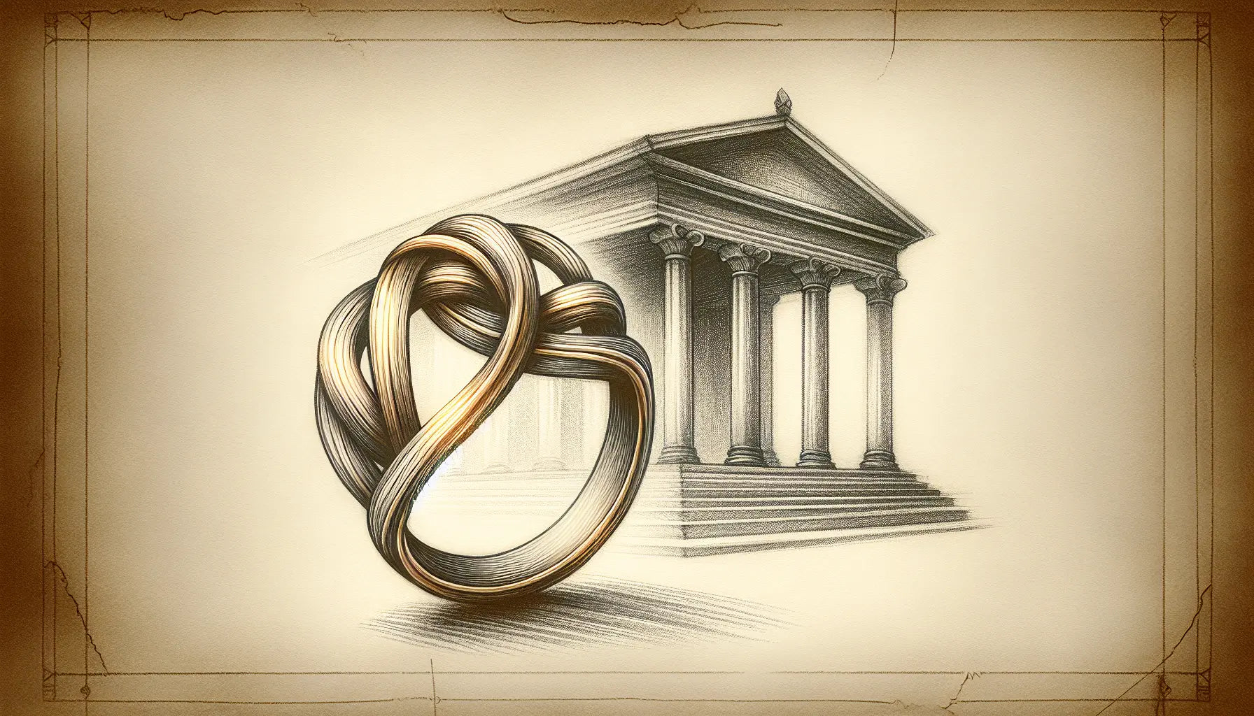 Knotenring mit Liebesknoten als Bleistiftskizze auf pergamentartigem Hintergrund mit goldenen Akzenten