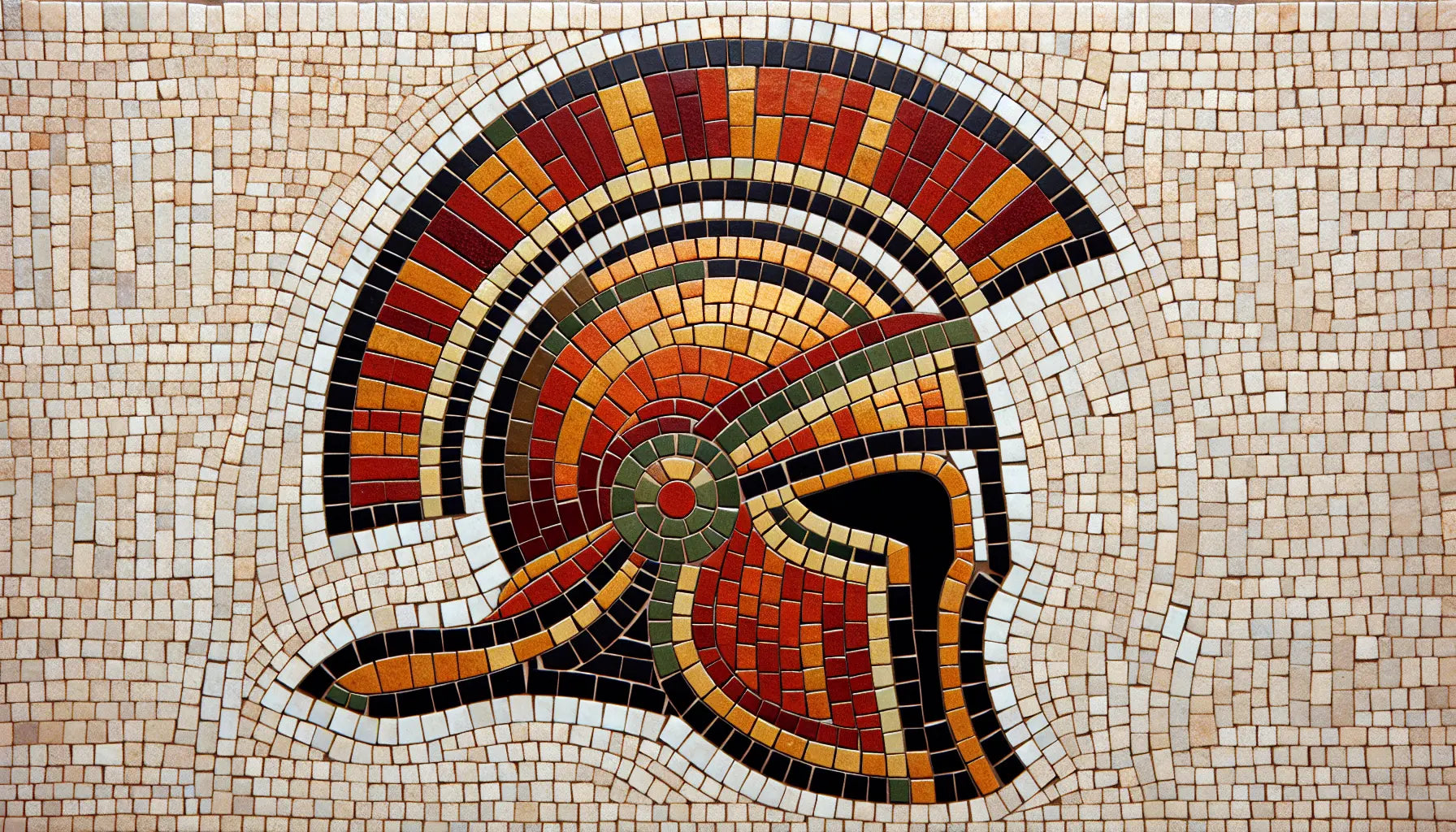 Antiker römischer Legionärshelm als flächiges Mosaik in rotbraun ocker und gold auf hellem steinartigem hintergrund