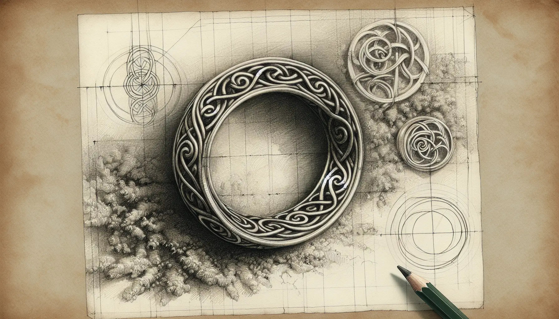 Silberring mit keltischen Knoten und Spiralen auf pergamentweißem Hintergrund