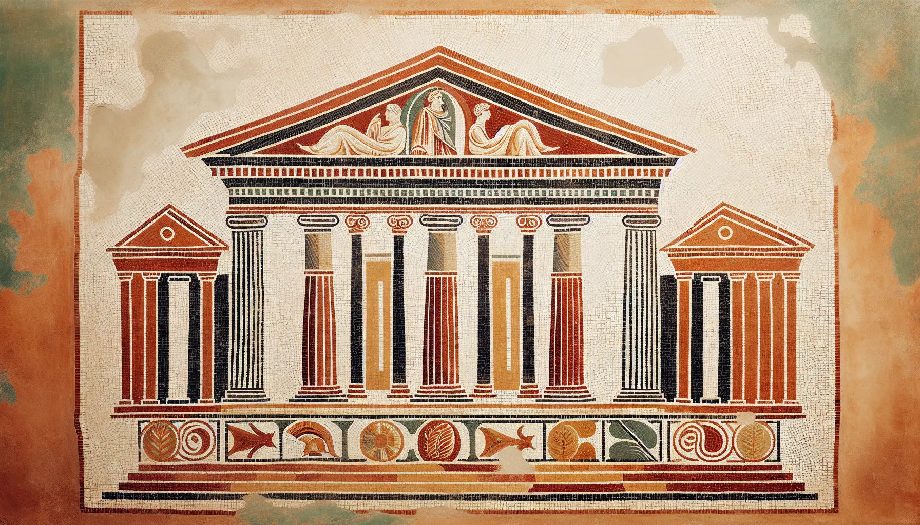 Antiker römischer Gerichtssaal als Mosaik mit Säulen und Symbolen in Erdfarben auf hellem steinartigem Grund