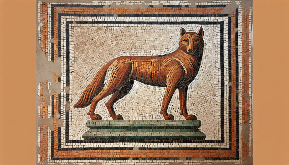 Mosaik der Kapitolinischen Wölfin in rotbraunen ocker goldenen Segmenten auf hellem steinigen Untergrund