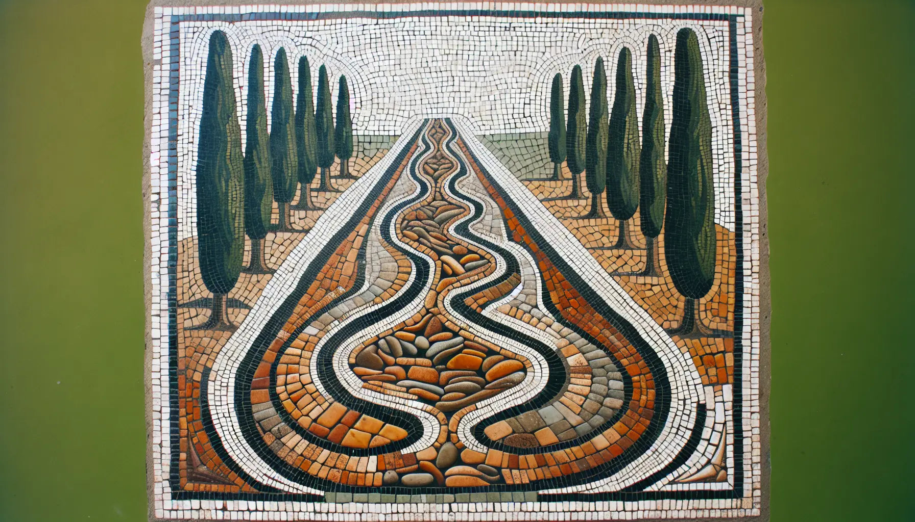 Antike römische gepflasterte Straße mit Zypressen in Mosaik aus Rotbraun Ocker und Blau auf hellem Stein