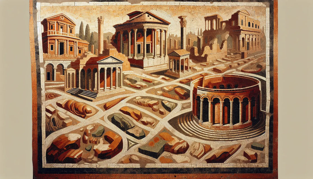 Antikes römisches Forum als mosaik aus terracotta und ockerfarbenen segmenten auf hellem stein mit goldenen detailakzenten