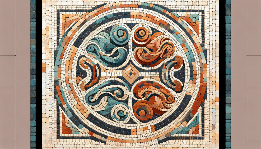 Antikes römisches Tempelmosaik ohne Menschen in Erd- und Blautönen auf hellem Stein