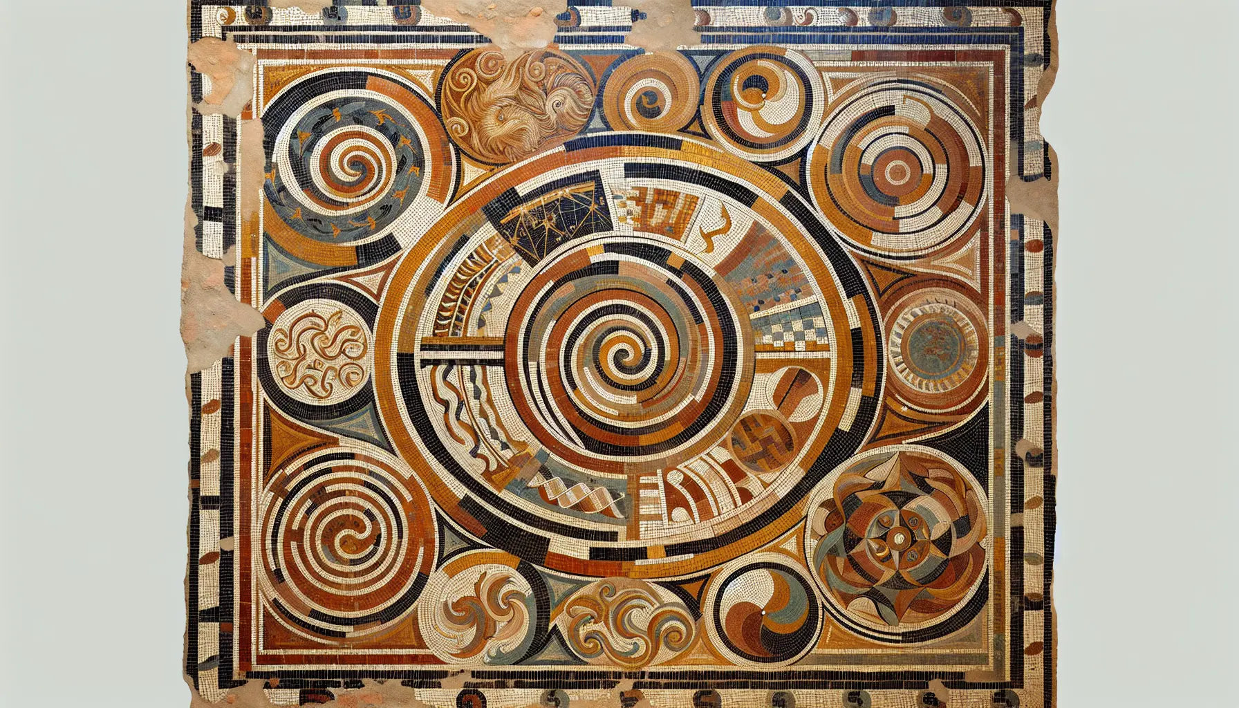 Abstrakte Darstellung des Römischen Reiches als römisches Bodenmosaik mit kaiserlichen Symbolen in Rotbraun Ocker und Blau auf hellem Stein