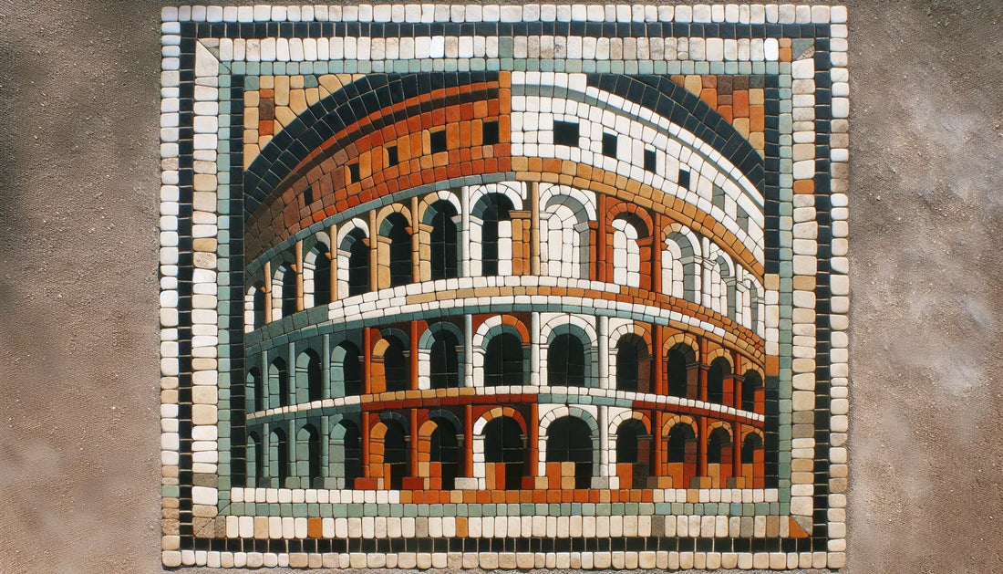 Stilisiertes Kolosseum als antikes römisches Bodenmosaik in gedeckten Erdfarben