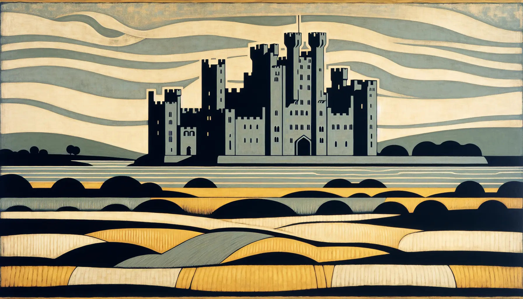 Mittelalterliche Burg Ashford Castle grob gemalt auf strukturiertem Hintergrund mit grünem Land und blauem Wasser