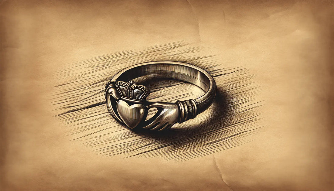 Claddagh-Ring aus Sterlingsilber als Bleistiftskizze auf pergamentartigem Papier mit goldenen Akzenten und angedeutetem hölzernem Untergrund
