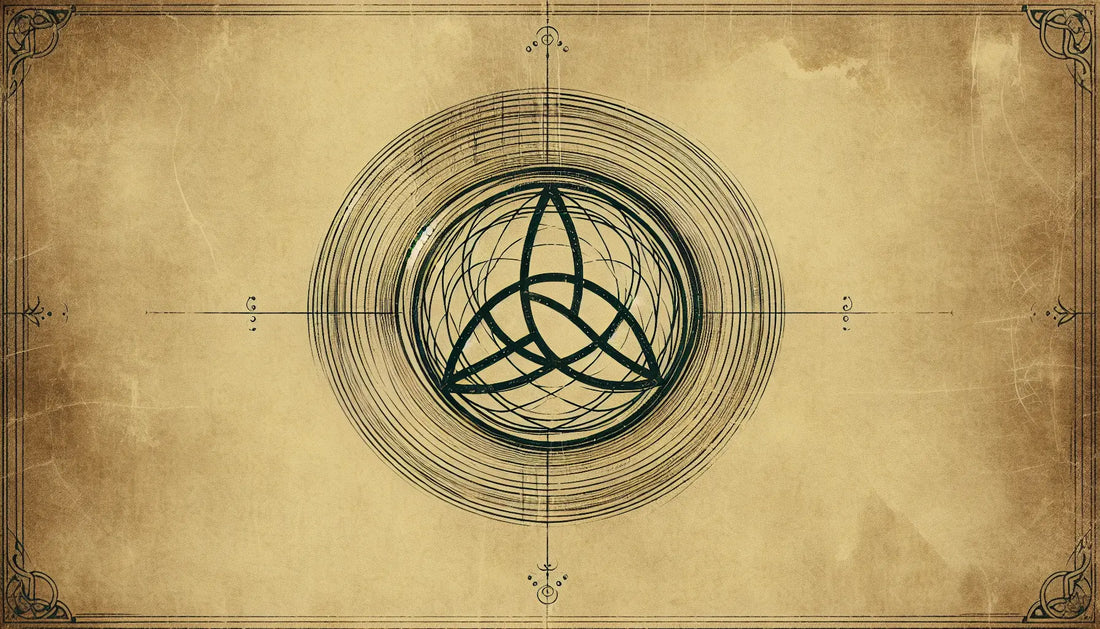 Triquetra Symbol graviert in altem Stein als Bleistiftskizze auf pergamentartigem Hintergrund mit goldenen Kanten