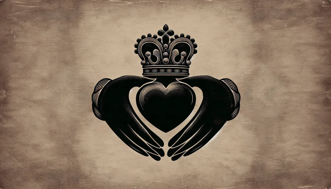 Claddagh Ring als zeichnerische Skizze mit Händen herz krone auf pergamentartigem Papier mit goldakzenten