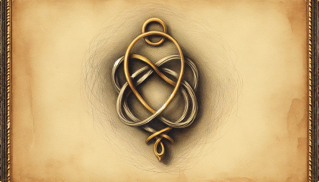 Antiker Liebesknoten-Anhänger als feine Bleistiftskizze auf vergilbtem Pergament mit goldenen Details