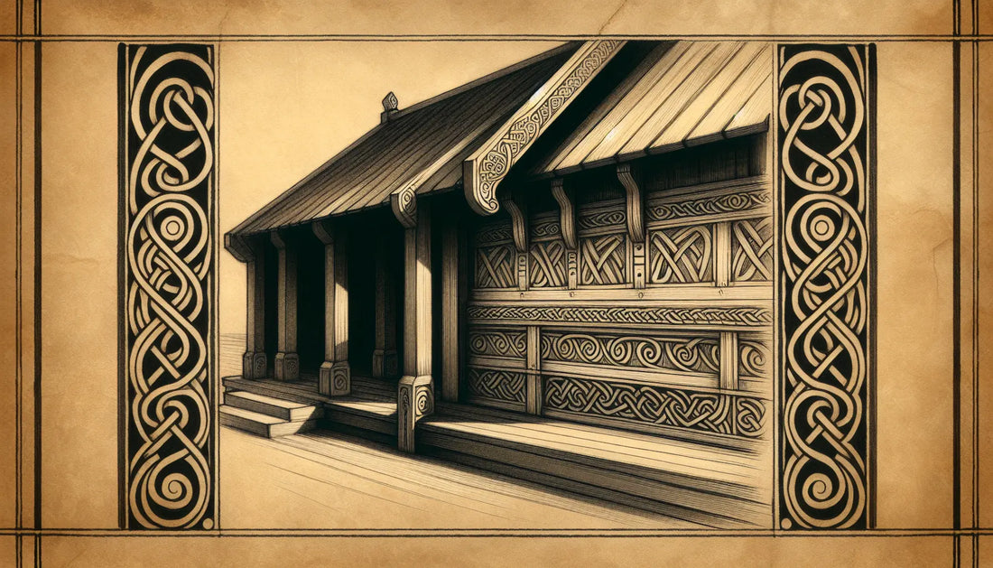 Wikingerhaus Holzschnitzerei mit Knotenmuster als Zeichnung auf altem Papier
