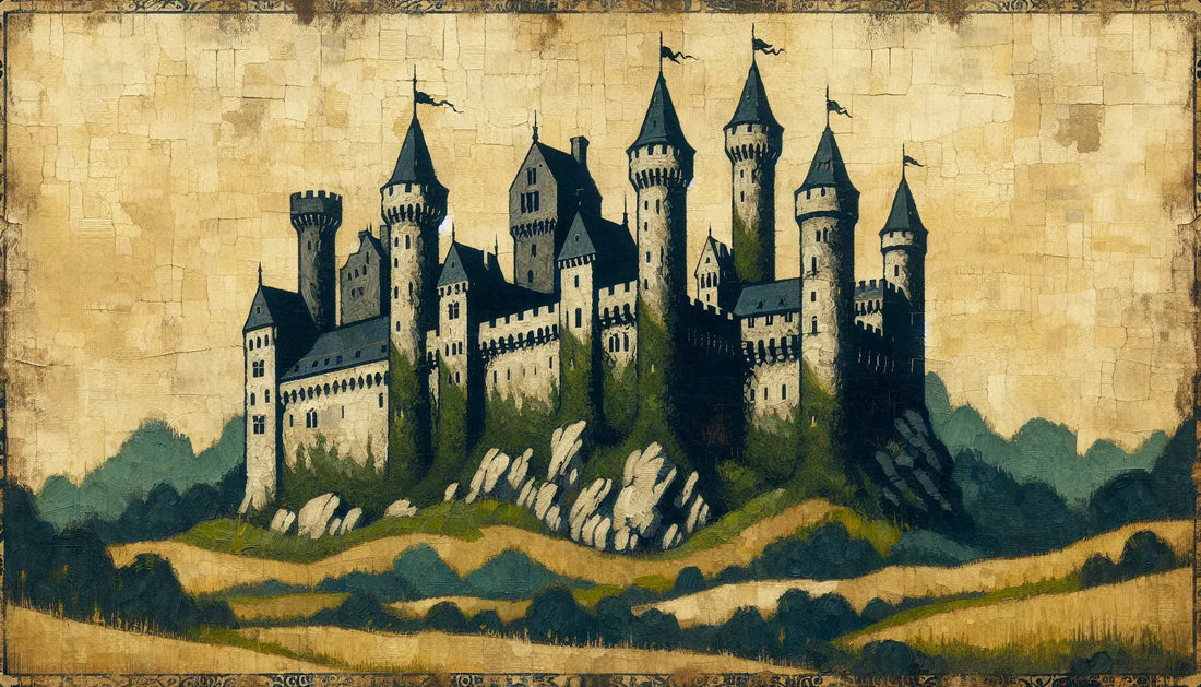 Mittelalterliche Burg mit hohen steinernen Türmen und grünen Hügeln grob gemalt