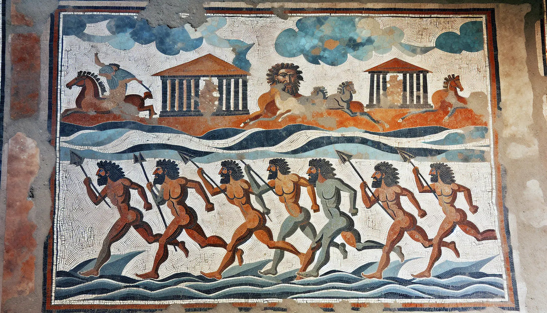 Abstrahierte Barbaren beim Flussübergang vor römischer Architektur als römisches Mosaik in Erdfarben