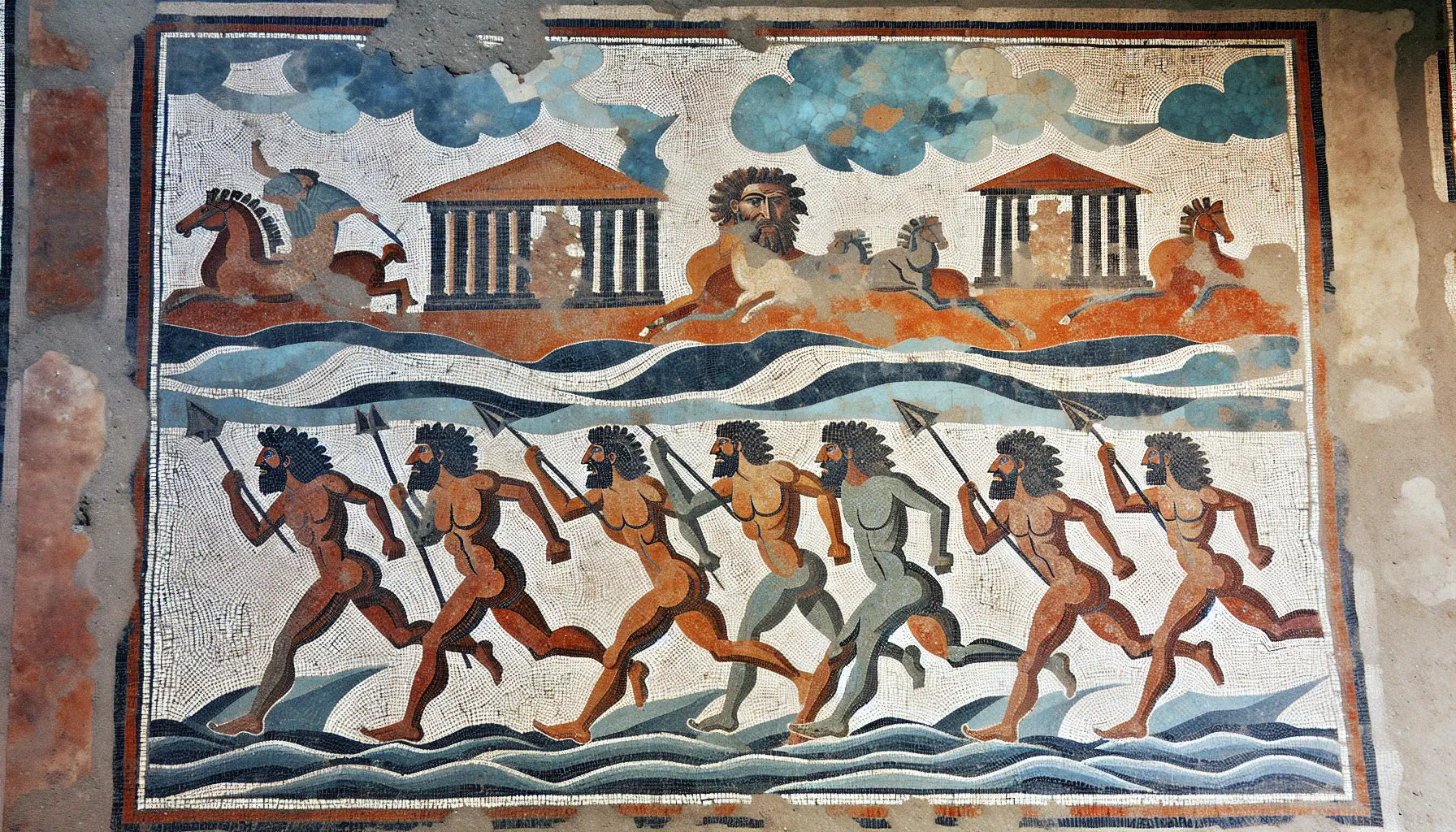 Abstrahierte Barbaren beim Flussübergang vor römischer Architektur als römisches Mosaik in Erdfarben