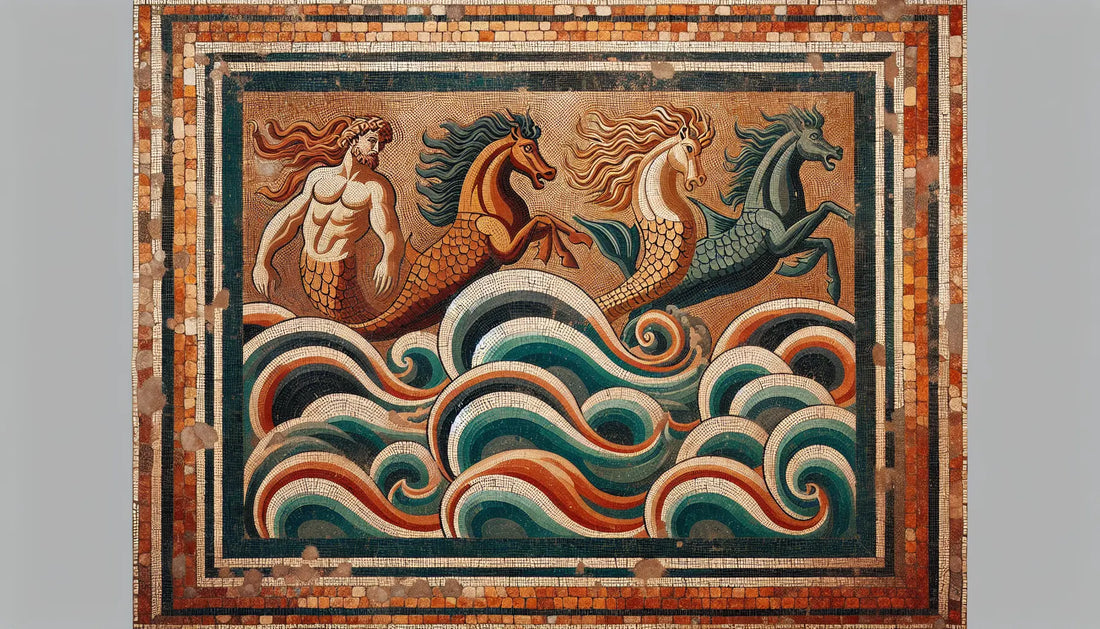 Antikes römisches Mosaik mit Oceanus hippocamps und Tritonen in Rotbraun Ocker und Blau auf hellem steinartigen Hintergrund