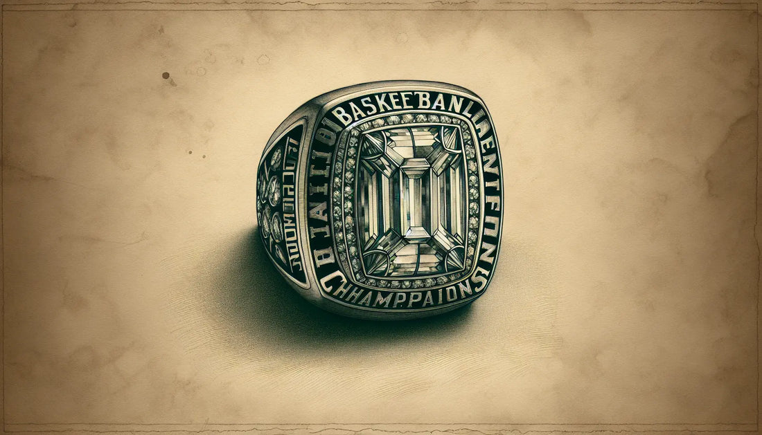 Antiker Basketball-Meisterschaftsring mit smaragdgeschliffenen Diamanten als Bleistiftskizze auf pergamentartigem Papier mit goldenen Akzenten