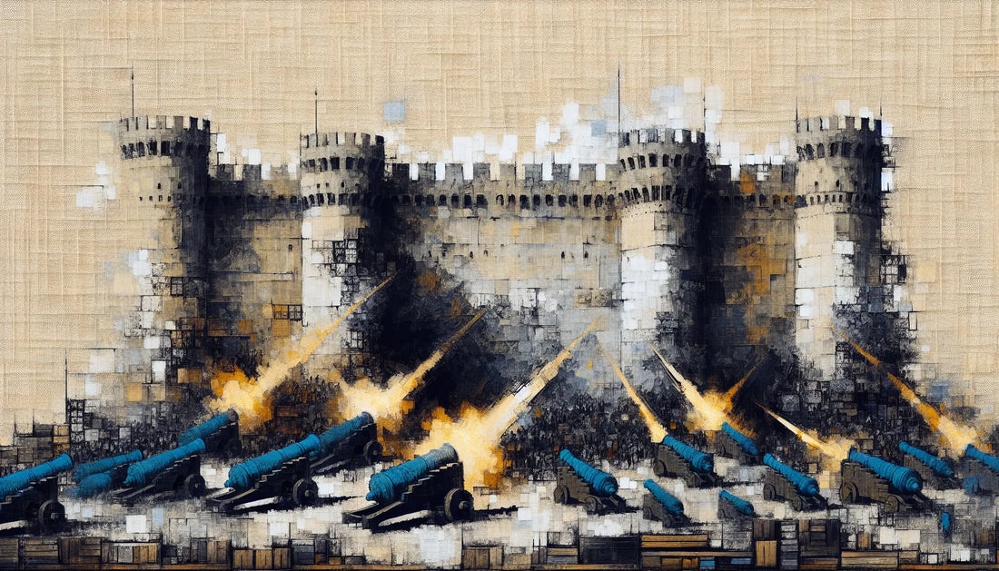 Grob gemalte Stadtmauer mit Kanonen und angedeutetem Belagerungschaos auf hellem Leinwandhintergrund