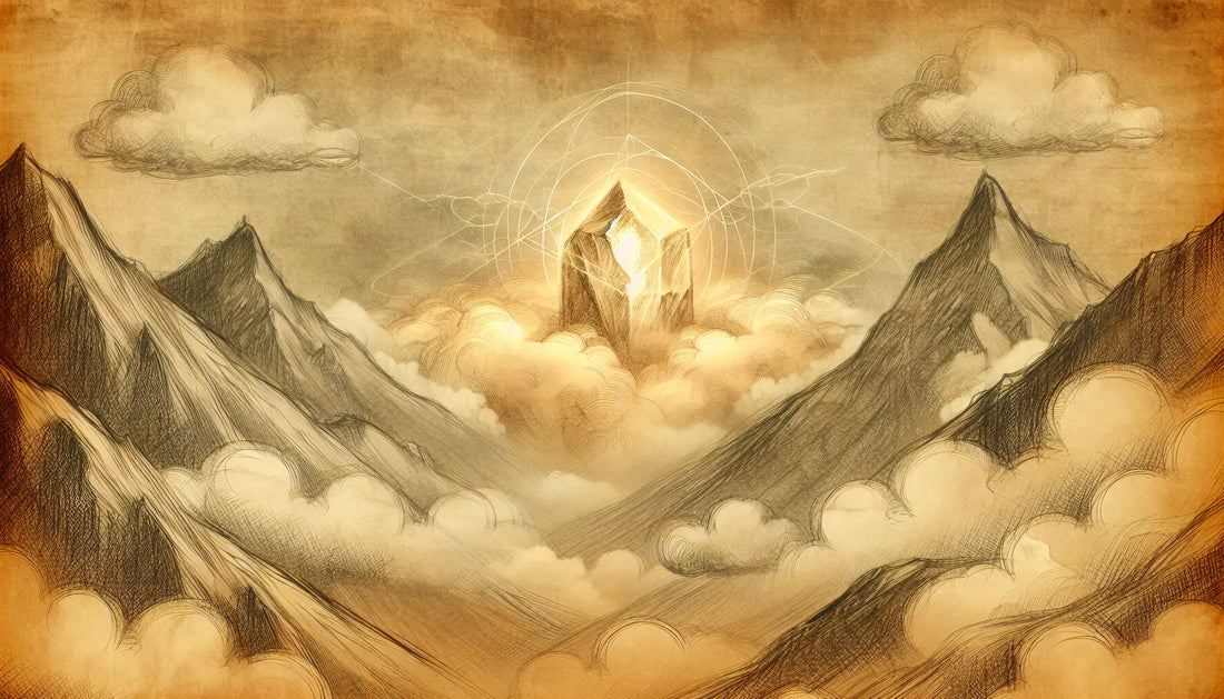 Skizze des Berges Olympus mit leuchtendem Stein in Wolken im da Vinci Stil