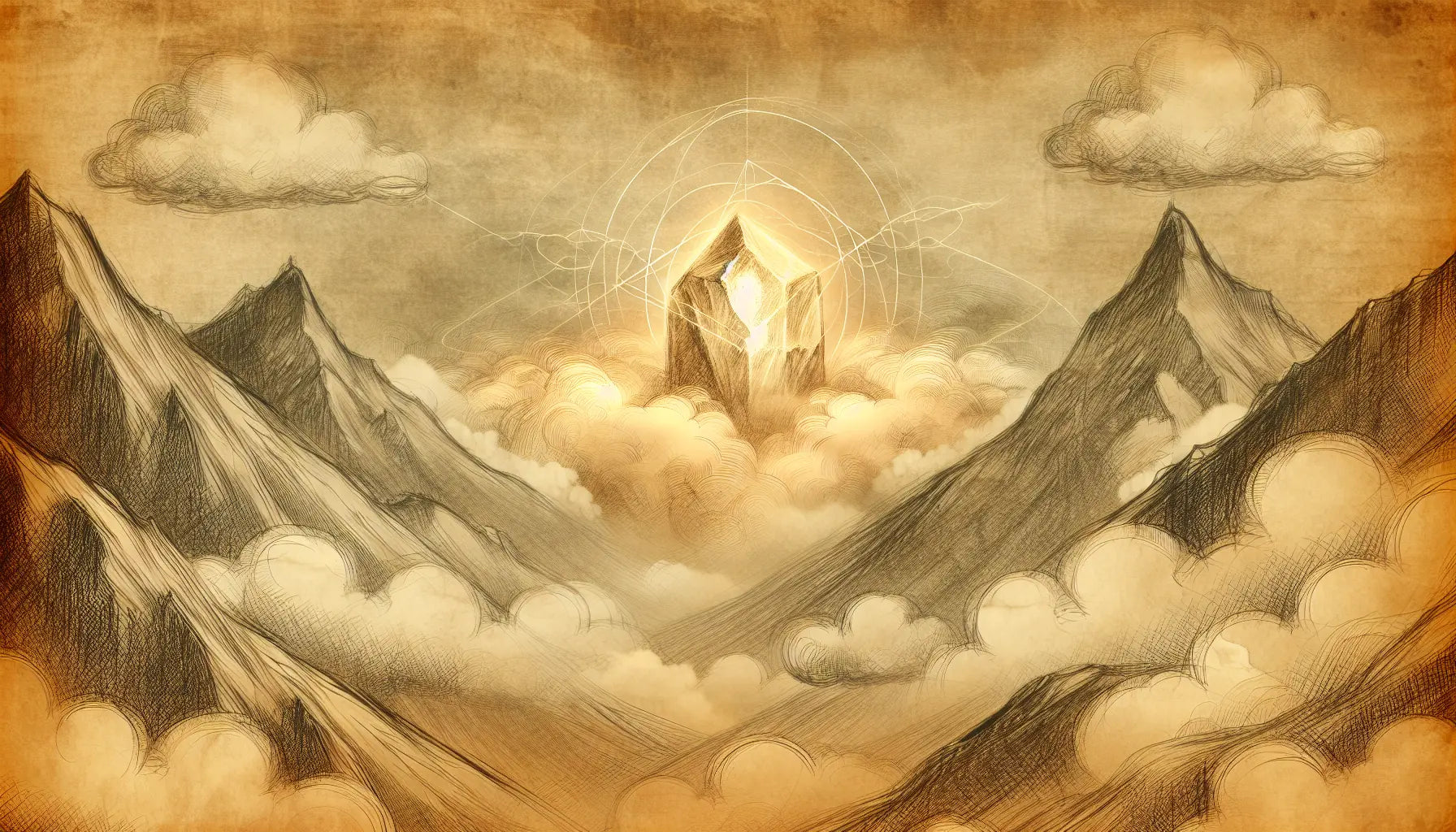 Skizze des Berges Olympus mit leuchtendem Stein in Wolken im da Vinci Stil