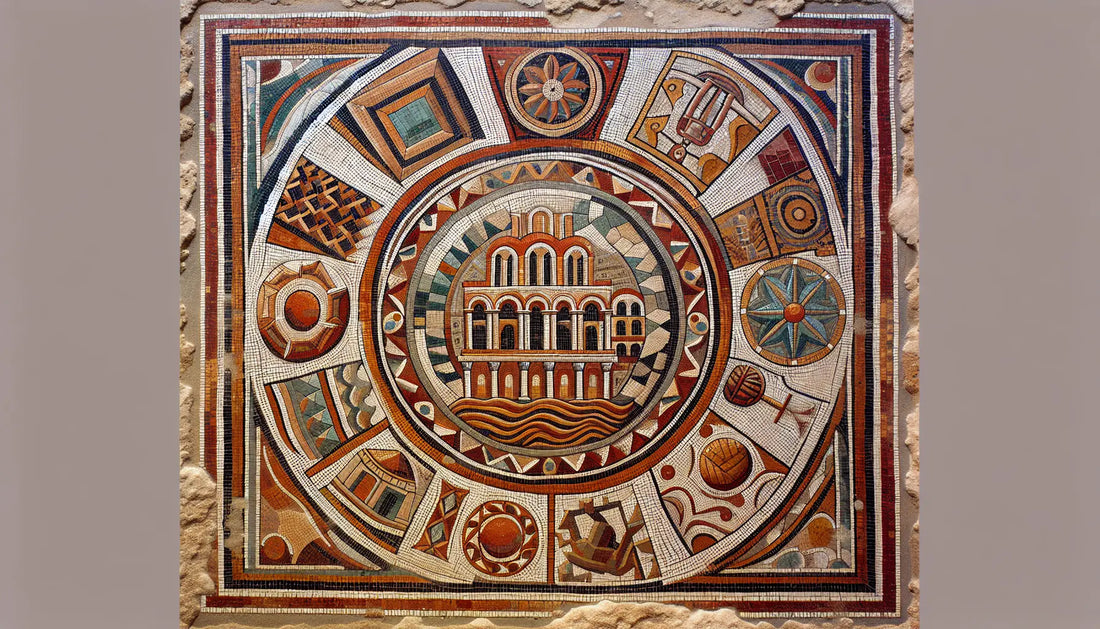 Mosaik eines stilisierten byzantinischen Stadtzentrums in Erdfarben mit römischen Ornamenten auf hellem Stein