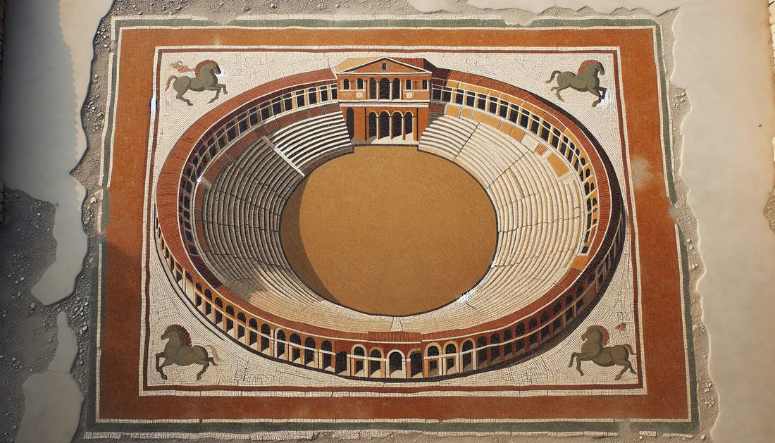 Stilisiertes antikes Mosaik des Circus Maximus mit Rennbahn und Tribünen in Erdtonfarben auf hellem steinigen Hintergrund