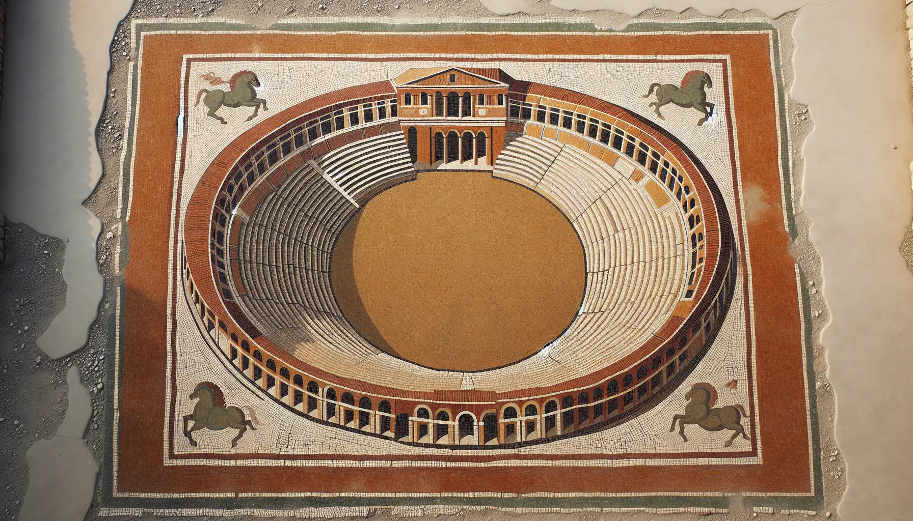 Stilisiertes antikes Mosaik des Circus Maximus mit Rennbahn und Tribünen in Erdtonfarben auf hellem steinigen Hintergrund