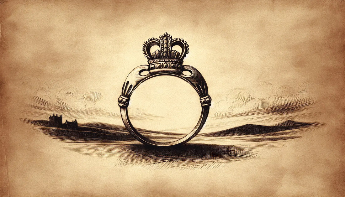 Claddagh Ring mit Herz Händen und Krone als Bleistiftzeichnung auf altem Papier mit goldenen Randdetails und irischer Landschaft im Hintergrund
