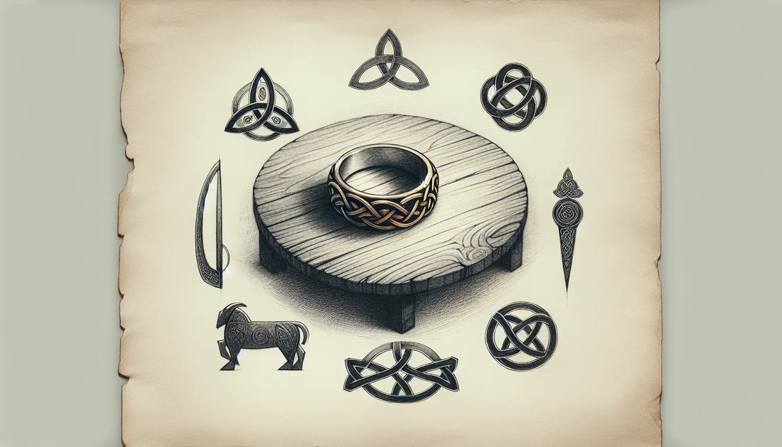 Skizze eines keltischen Knotens als Ring mit umgebenden keltischen Artefakten auf hellem pergamentartigem Hintergrund