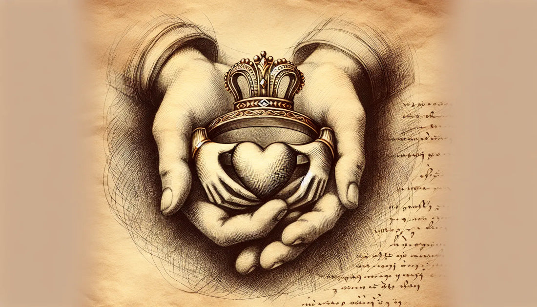 Claddagh Ring mit Herz Krone und Händen skizziert in Leonardo da Vinci Stil auf gealtertem Papier