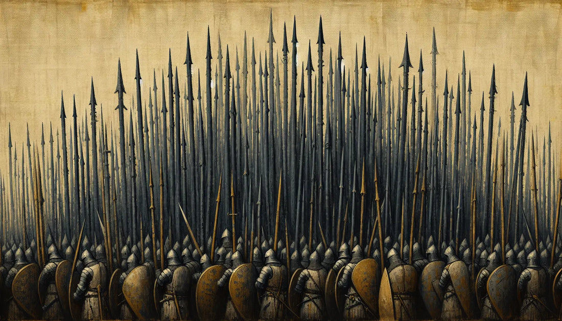 Dicht gepackte Speerformation in Stahlgrau mit schwarzen Konturen auf elfenbeinfarbenem Leinenhintergrund