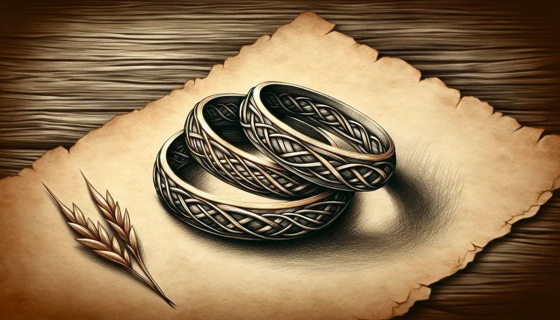 Drei ineinander verschlungene russische Eheringe drei Bänder feine Linien auf gealtertem Papier