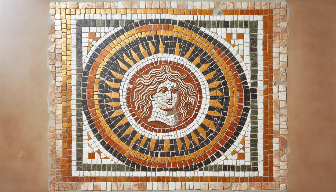 Abstrahierter EID MAR Denarius als römisches Bodenmosaik in rotbraun ockergelb mit goldenen details auf hellem steinigem untergrund