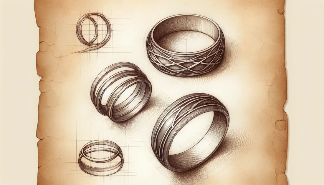 Drei eleganten Ringe auf pergamentartigem Papier im da Vinci Skizzenstil