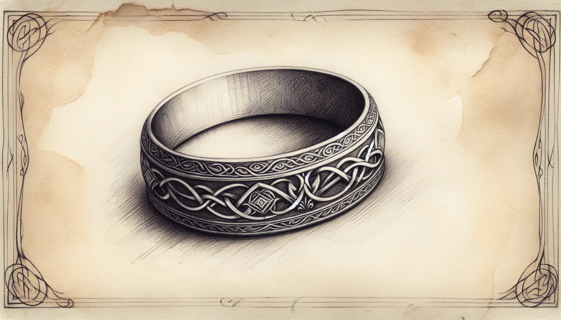 Historischer Elfenhochzeitsring skizziert mit feinen Linien und Goldakzent auf gealtertem Papier