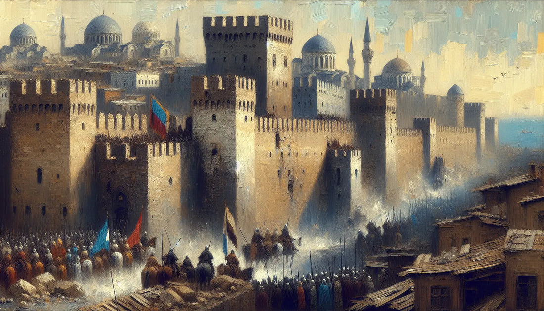 Mittelalterliche Stadtmauern mit Bruchstelle und Kampfesszene in kühlem Stahlgrau und dunklem Schwarz